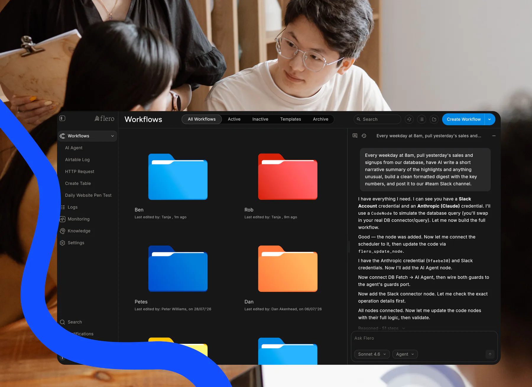 The Flero Workflows screen with an AI assistant helping build a first workflow